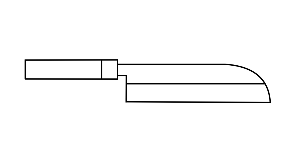 薄刃（関西型）

【用途】
 野菜を剥いたり、刻んだりする際に使用する包丁です。刃が薄いため、食材の繊維を潰さずに断面をきれいに切ることができます。かつらむきや千切り、小口切りなどの作業に適していますが、大きな塊を切るのには向きません。片刃のため、切る際に刃が左へ流れる特性があり、扱うには慣れが必要です。

関西型は峰から刃先にかけて丸みがあり、切っ先が尖っているのが特徴です。関東型と比べ切っ先が鋭いため、細工等の細かい作業にも向いています。