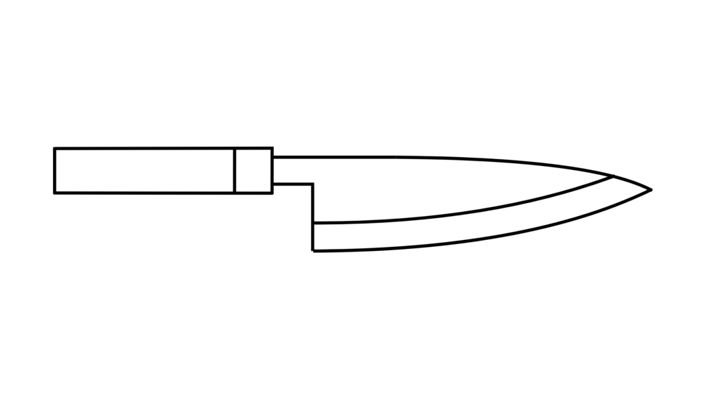 鮭切包丁　鮭を捌くことに特化した包丁です。 大きな鮭の頭を落としたり、凍った状態の身や硬い骨を叩き切ったりするために、非常に厚手で重く作られています。刃の幅が広く、丈夫な構造が特徴です。