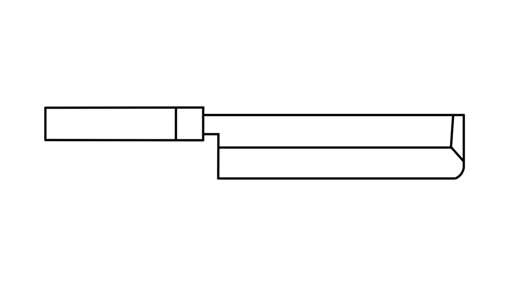 薄刃（関東型）

【用途】
 野菜を剥いたり、刻んだりする際に使用する包丁です。刃が薄いため、食材の繊維を潰さずに断面をきれいに切ることができます。かつらむきや千切り、小口切りなどの作業に適していますが、大きな塊を切るのには向きません。片刃のため、切る際に刃が左へ流れる特性があり、扱うには慣れが必要です。

関東型は峰と刃線が平行で、切っ先が丸まっているのが特徴です。切っ先を多用する飾り切りや細工等の作業には不向きです。